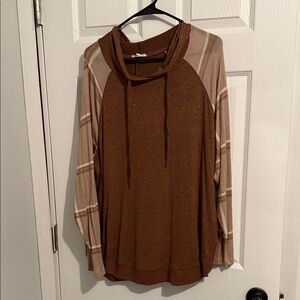 Maurices Brown Cowl Neck Sweater with Plaid Raglan Sleeves